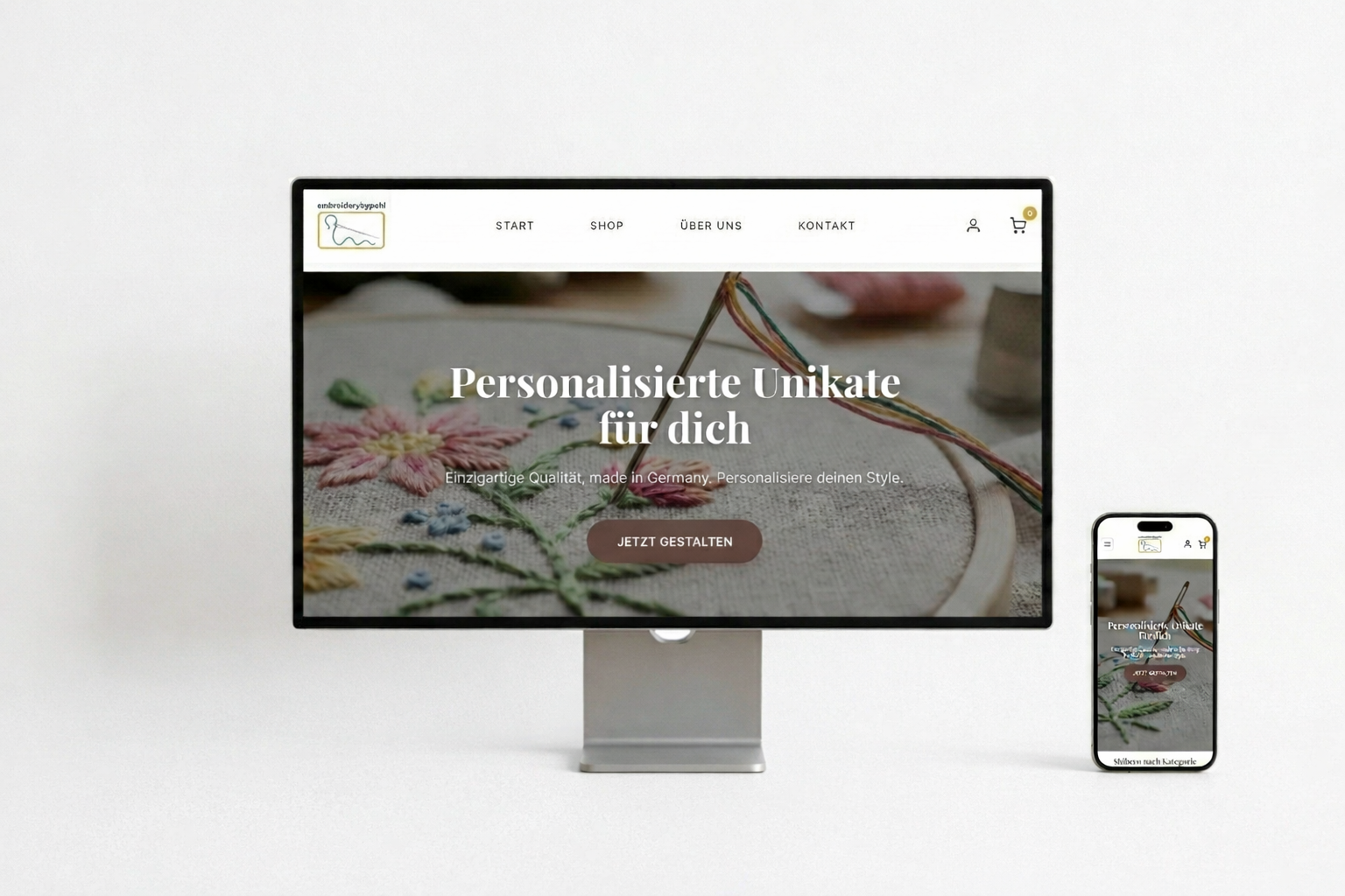 Webdesign-Referenz: Onlineshop Stickerei Pohl – responsive Darstellung auf Desktop und Smartphone